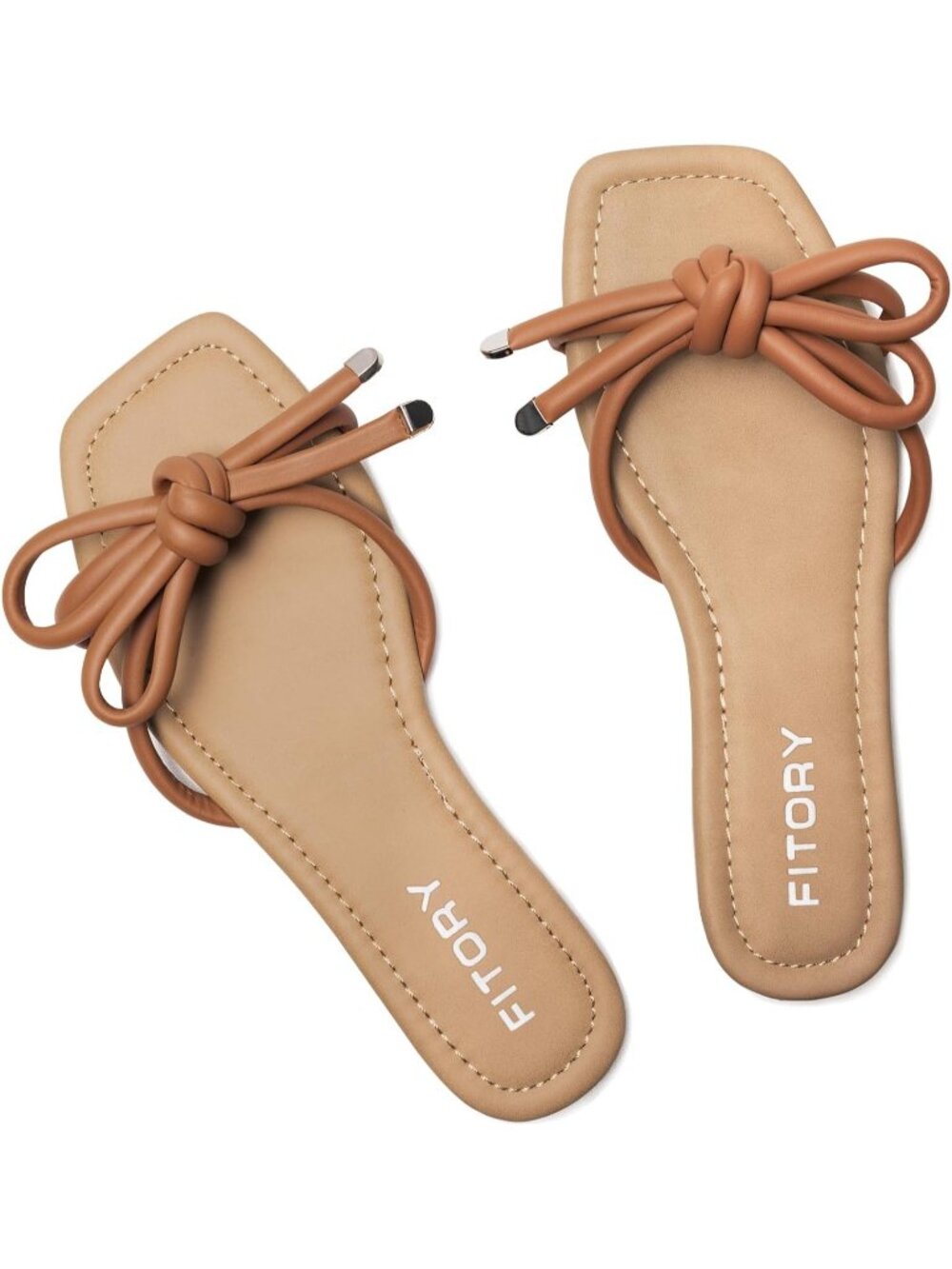 🆕Women's Brown Flat Sandals Square Open Toe Slide with Cute Knot for Casual